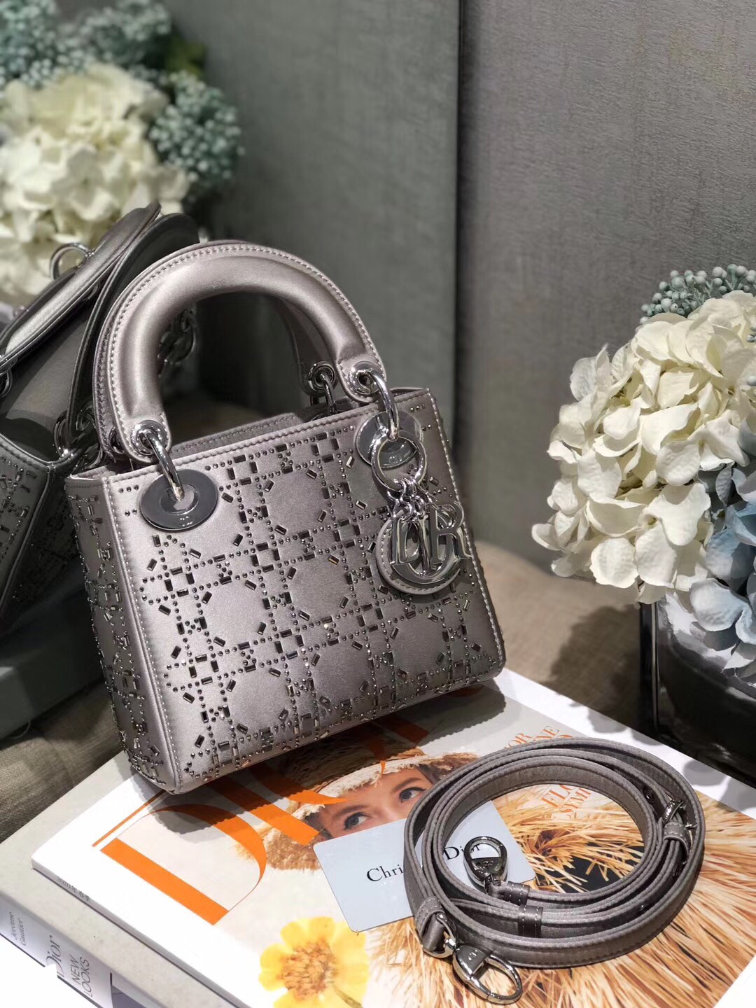 Mini Lady Dior Bag Silver Gray Strass Cannage Satin